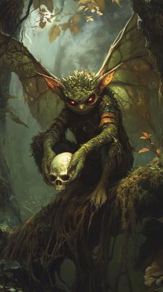 an illustration of a demon holding a human skull in the middle of a forest with lots of trees