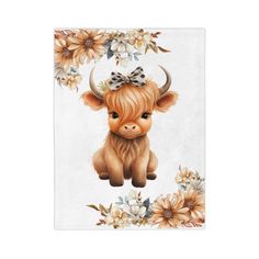 a painting of a cow with flowers on it's head and a bow in its hair