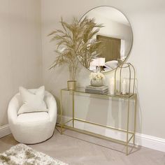 Alcora Large Round Champagne Mirror Mirror Gold House Interior, Living Room Designs Gold, White And Gold Living Room Ideas, Greige Living Room Decor, White And Gold Home Decor, Round Mirror Design, Round Mirror Living Room, Mirror Living Room Decor, Glam Style Living Room