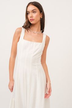 Wendy Midi Dress - Frock Shop White Midi, Pleated Bodice, Dress Hats, White Midi Dress, Top Women, Square Neckline, Sweater Skirt, Midi Length, Denim Dress