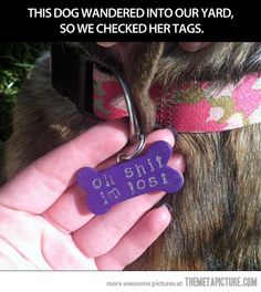 a person holding a purple dog tag in their right hand with the words out, i'm lost on it