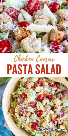 chicken caesar pasta salad with tomatoes, lettuce and cranberries in it