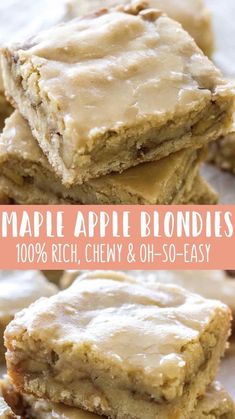 These chewy Maple Glazed Apple Blondies taste like sweet apple pie with a warm maple icing! This homemade apple blondie recipe is the perfect fall dessert! It's easy, super flavorful, and always a crowd pleaser! Apple Blondies Recipe, Desserts Fall, Easiest Desserts, Apple Blondies, Maple Icing, Blondie Recipe, Smores Dessert, Apple Maple, Blondies Recipe