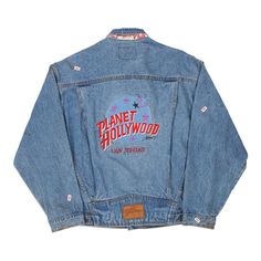 Description:Vintage Las Vegas blue Planet Hollywood denim jacket, fits large.GENDER: womens CONDITION: good - stains on front, back and sleeves.STYLE: denim jacketERA: 1990sCOLOUR: blueFABRIC: cotton Vintage Denim Outerwear With Graphic Print, Vintage Denim Jacket With Graphic Print For Streetwear, Vintage Blue Reworked Denim Jacket, Vintage Denim Jacket With Graphic Print, Denim Jacket Fits, Planet Hollywood Las Vegas, Blue Planet, Embroidered Denim Jacket, Planet Hollywood