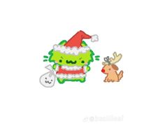 a green monster with a santa hat next to a small deer wearing a red nose