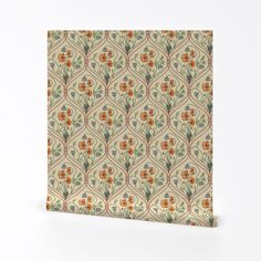 an orange and green floral pattern on a beige background canvas print wall art - style