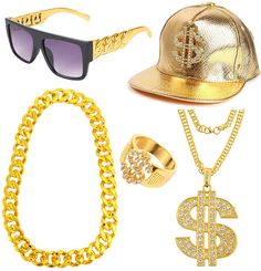 PRICES MAY VARY. Hip Hop Costumes Outfit Set：These 80s/90s party supplies hip hop costume kit includes 1 piece dollar sign hat, 1 piece rapper sunglasses, 1 piece dollar sign fake gold chain, 1 faux large necklace, 1 piece dollar sign ring , funny costume set for your 80s, 90s dress up, great prop for a hip hop party costume or specific outfit Dollar Sign Products: The necklace, ring and hat in the costumes outfit set have a dollar symbol on them, and the signs are studded with faux diamonds. Th 90s Hip Hop Costume, Rapper Sunglasses, Men Gold Chain, 90s Dress Up, Dollar Symbol, Punk Sunglasses, Baseball Sunglasses, Hip Hop Costumes, Funny Costume