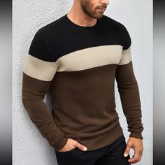 Super Stylish Ships In 5-10 Business Days Brown Winter Tops With Contrast Color, Trendy Brown Top With Contrast Color, Brown Winter Top With Contrast Color, Winter Brown Top With Contrast Color, Trendy Brown Color Block Tops, Patchwork Clothing, Colorblock Sweater, Rose Sweater, Rose Black