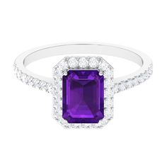 2.25 CT Octagon Cut Amethyst Solitaire Ring with Diamond Side Stones Amethyst - ( AAA ) - Quality - Rosec Jewels Statement Engagement Ring, Amethyst Ring Engagement, Ring With Diamond, 18k Yellow Gold Ring, Signature Jewelry, Timeless Jewelry, Amethyst Ring, Conflict Free Diamonds, Diamond Stone