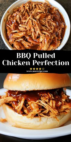 bbq pulled chicken on a bun with barbecue sauce in the middle and an image above it