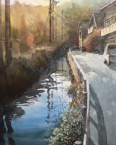 a painting of a river running through a town