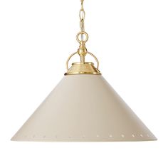 a light fixture with a white shade hanging from it's side, on a white background