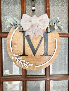 Monogram Door Hanger Round Initial Door Hanger, M Door Hanger Letter, Round Door Hangers Last Name, Monogram Front Door Sign, Initial Wreaths For Front Door Diy, Circle Door Hangers Wooden Diy Last Name, Diy Monogram Door Hanger, Door Sign Ideas Entrance, Initial Door Hanger Letters