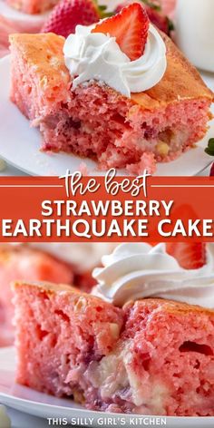 Try this popular Strawberry Earthquake Cake! This crowd-pleaser features a delightful combination of creamy cheesecake swirls, luscious fresh strawberry filling, and creamy white chocolate delivering an explosion of flavor. This super moist cake comes together easily with simple ingredients like strawberry cake mix, cream cheese, butter, vanilla, white chocolate chips, diced strawberries, and whipped cream. Indulge in a heavenly slice of strawberries and cream with this summer dessert recipe. Layered Strawberry Cake, Strawberry Cake With Whipped Cream Icing, Strawberry Earthquake Cake, Strawberry Cream Cheese Dessert, Best Strawberry Cake Ever, Cake Mix Cream Cheese, Strawberry Cake Mix Recipes, Diced Strawberries, Strawberries And Whipped Cream