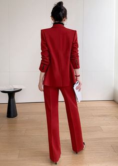 Elevate your style with our Sydney Single-breasted Blazer Pantsuit Set. Crafted with a sophisticated western-style collar and double-breasted detail, this set comes in a bold red and black color scheme. Make a statement in this exclusive and tasteful ensemble, perfect for any occasion. Notched lapels Long sleeve Double-breasted closure Polyester,Spandex Item #241177 Women's blazer & wide-leg pants set SIZE INFO XS=US2=UK6=EU32 S=US4-6=UK8-10=EU34-36 M=US8-10=UK12-14=EU38-40 L=US12-14=UK16-18=EU4 Style Red Blazer Women, Fitted Winter Formal Pantsuit, Winter Formal Fitted Pantsuit, Red Tuxedo Suit With Notch Lapel, Fall Formal Double-breasted Set, Formal Fall Double-breasted Sets, Fall Single-breasted Office Lady Pantsuit, Single Breasted Pantsuit For Formal Winter Occasions, Formal Double-breasted Sets For Fall