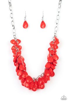 A fiery red collection of polished and crystal-like teardrop beads cluster along the bottom of a shimmery silver chain, creating a flirtatious fringe below the collar. Features an adjustable clasp closure.

 Sold as one individual necklace. Includes one pair of matching earrings. Bedazzled Jewelry, Red Necklace, Teardrop Beads, Jewelry Show, Fiery Red, Paparazzi Accessories, White Necklace, Inspired Jewelry, Fantasy Jewelry