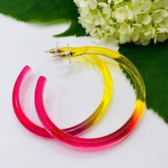 Ombr Yellow/Pink Acrylic Resin Hoops Earrings Lightweight Hoops Are 2” New In Package! Spring Yellow Round Jewelry, Trendy Pink Hoop Earrings For Everyday, Neon Yellow Jewelry For Summer Gift, Summer Gift Jewelry In Neon Yellow, Pink Hoop Earrings For Everyday, Yellow Hoop Earrings For Everyday, Pink Fun Hoop Earrings As Gift, Yellow Small Hoop Earrings For Summer, Fun Pink Hoop Earrings As Gift