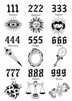 an image of zodiac signs with numbers and symbols on them, all in black and white