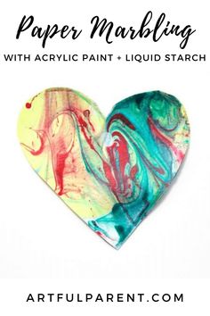 paper marbled heart with acrylic paint and liquid starch for valentine's day