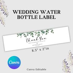 the wedding water bottle label is shown with purple flowers and greenery on white paper