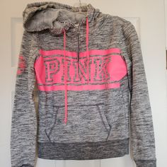 Nwot Pink 1/4 Zip Hoodie, Gray With Pink Letters And Drawstrings. Size Xs But Would Definitely Fit A Small. It's Washed And Ready To Wear, So Make It Yours Today! Sporty Stretch Pink Sweatshirt, Pink Sporty Sweatshirt With Cozy Fit, Pink Cozy Fit Sporty Sweatshirt, Cozy Pink Top With Drawstring Hood, Pink Winter Hoodie, Pink Stretch Sweatshirt With Letter Print, Stretch Pink Sweatshirt With Letter Print, Pink Fleece Hoodie Top, Pink Fleece Top For Winter