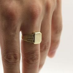 14K SQUARE WATCH STYLE MEN'S SIGNET RING | VicStone.NYC Men Pinky Ring Gold, Square Signet Ring Men, Mens Copper Jewelry, Mens Fine Jewelry, Vintage Signet Ring Men, Men’s Gold Rings, Old Money Accessories Men, Mens Jewelry Rings Gold, Gold Rings For Men Unique