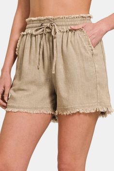 Zenana Washed Linen Frayed Hem Drawstring Shorts - Sydney So Sweet Khaki Shorts For Summer Vacation, Relaxed Beach Shorts With Drawstring, Beige Beach Shorts With Drawstring, Beige Drawstring Beach Shorts, Khaki Beach Shorts, Casual Khaki Beach Shorts, Khaki Beach Shorts For Summer, Beige Drawstring Shorts For Summer, Linen Drawstring Shorts For Vacation