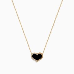 Effy Eclipse 14K Yellow Gold Onyx and Diamond Heart Necklace Black Heart Pendant Jewelry For Formal Occasions, Black Necklaces For Anniversary On Valentine's Day, Black Necklace For Anniversary On Valentine's Day, Valentine's Day Black Necklace For Anniversary, Elegant Black Necklace With Heart Charm, Luxury Black Heart Pendant Necklace, Luxury Black Heart Pendant Jewelry, Black Heart-shaped Necklace For Formal Occasions, Black Heart-shaped Formal Necklace