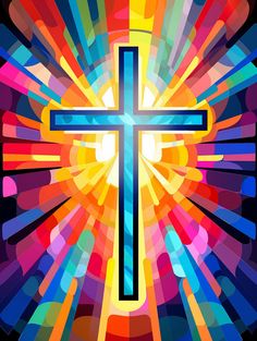 the cross is surrounded by multicolored lines