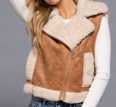 inner fur zip up style waterfall collar Fitted Winter Vest With Faux Fur Trim, Faux Fur Vest Camel, Brown Sleeveless Vest With Faux Fur Lining, Faux Fur Hooded Vest, Faux Vest, Faux Suede Vest, Vest Outfits, Womens Vest, Up Styles