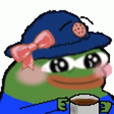 a green frog wearing a blue hat and holding a cup of coffee in its hand