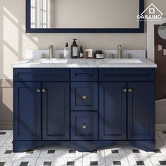 a bathroom vanity with two sinks and a large mirror on the wall above it is shown