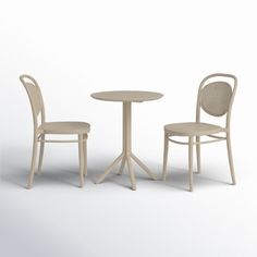 two chairs and a table are shown in this 3d image, the chair is off white