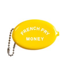 a yellow french fry money case with chain