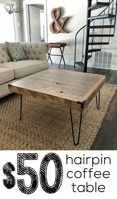 a coffee table with hairpin legs on top and the words, 50 % off