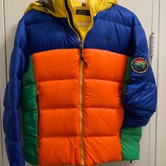 Polo Ralph Lauren Special Edition Down Jacket - Multicolor Size S Shell: 100% Polyester Body Lining: 100% Nylon Hood Lining: 100% Nylon Filling: 90% White Duck Down, 10% White Duck Feathers White Duck, White Ducks, Duck Down, Blue Orange, Down Jacket, Polo Ralph, Feathers, Puffer, Polo Ralph Lauren