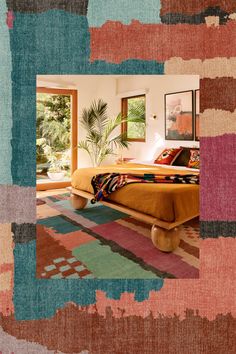 a bed sitting in a bedroom on top of a colorful carpeted floor next to a window