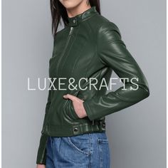 Women Green  Solid Casual Motorcycle Biker Leather Jacket  , Women Green Leather Jacket , Women  Green Biker Leather  Jacket. - from Luxe & Crafts. Material Type : 100% Genuine Lambskin Leather. Collar : Mandarin Style Collar. Closure Type : Front Zipper Closure. Sleeve Style : Long Sleeves. Number of Pockets : 2 Side Pockets. Color : Green Lining Material : 100% Premium Lining / Viscose Lining. Care Instructions : Professional Leather Clean Only. Package Contains : 1 Leather Jacket Only. Note: Green Biker Leather Jacket For Winter, Green Biker Jacket For Fall, Green Long Sleeve Biker Jacket, Green Moto Leather Jacket With Long Sleeves, Green Biker Leather Jacket With Zipper, Green Biker Leather Jacket With Zipper Closure, Fitted Moto Biker Jacket In Green, Fitted Green Moto Biker Jacket, Green Fitted Biker Jacket