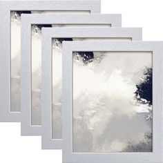 four white frames with an abstract painting in the middle and one on the left side