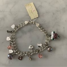 Lord And Taylor Sterling Silver Charm Bracelet Heart Pearl Glass Beads Elegant Heart-shaped Bracelets With Colorful Beads, Elegant Beaded Heart Charm Bracelet, Elegant Heart-shaped Beaded Charm Bracelet, Silver Beaded Charm Bracelet With Heart Shape, Silver Beaded Heart-shaped Charm Bracelet, Silver Beaded Heart Charm Bracelet, Silver Heart-shaped Beaded Charm Bracelet, Elegant Multicolor Heart Beads Bracelet, Heart-shaped Silver Beaded Bracelets