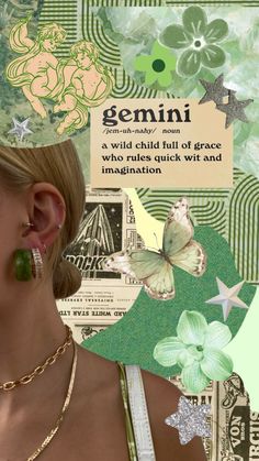 a woman with green earrings and necklaces in front of a collage of images