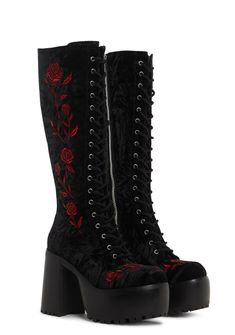 cuz they're enamored by you. These boots come in a velvet construction, with a platform heel, embroidered rose details, and an inner zip closure. Pink And Blue Boots, Thigh High Goth Boots, High Heels Platform Boots, Unique Platform Heels, Masculine Shoes For Women, Red Gothic Clothes, Chunky Black Platform Boots, Goth Outdoor Wedding, Gothic Wedding Heels