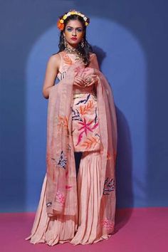 Shop for Mahima Mahajan Beige Organza Embroidered Kurta Sharara Set for Women Online at Aza Fashions Pink Short Suit, Handpainted Dupattas, Short Suit Set, Sharara Suit Designs, Mahima Mahajan, Sharara Designs, Kurta Sharara Set, Kurta Sharara, Indian Designer Suits