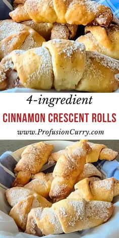 cinnamon crescent rolls with powdered sugar on top and the title image above reads 4 ingredient cinnamon crescent rolls