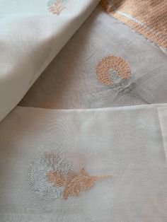 An exquisite pure 100% silk organza/kora benarasi saree in off white with copper & silver alfi buta (floral motif) woven throughout the six yards, along with a sleek golden border on either side. This saree is very stylish and classy, especially because of its simplicity and grace. The alfi (technique in Benaras weaving using two colored yarns) buta looks so stunning with the silver and copper zari as it keeps alternating with each motif. The pallu has a solid copper zari weaving. The fabric Silk Yarn, Silk Organza, Banarasi Sarees, Silk Dyeing, Beautiful Saree, Lovely Print, Dusty Pink, Pure Silk, Floral Motif