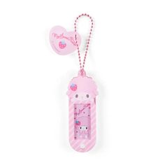 a pink hello kitty keychain hanging from a string on a white background with a heart