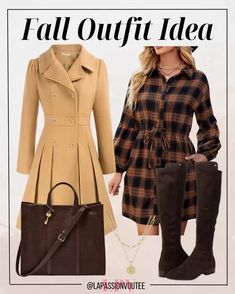 Embrace autumn elegance with a timeless trench coat, paired flawlessly with a chic plaid dress. The subtle warmth of chocolate-hued flat boots adds a cozy touch, while a leather tote and a delicate necklace complete the look. Effortless style meets fall finesse in this ensemble that dances with the season's hues.