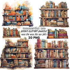 watercolor bookshelves with different types of books on them