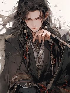 an anime character with long hair and black clothing, holding his hand on his chin