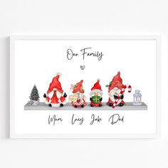 a christmas card with three gnomes sitting on top of each other and the words our family